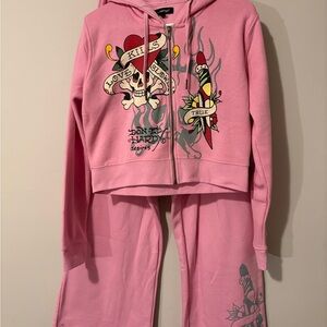 Pink Ed Hardy Graphic Zip Hoodie & Sweatpants Set